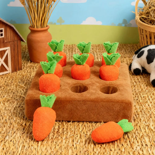 Carrot patch snuffle mat for dogs — foraging enrichment toy with treat pockets