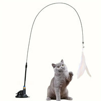 Suction cup cat teaser wand with bell and feather for hands-free play