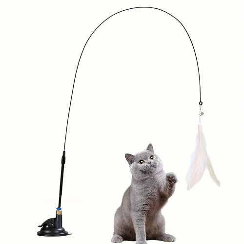 Suction cup cat teaser wand with bell and feather for hands-free play