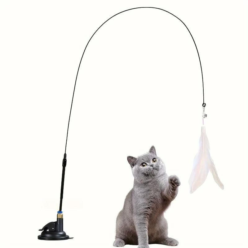 Suction cup cat teaser wand with bell and feather for hands-free play